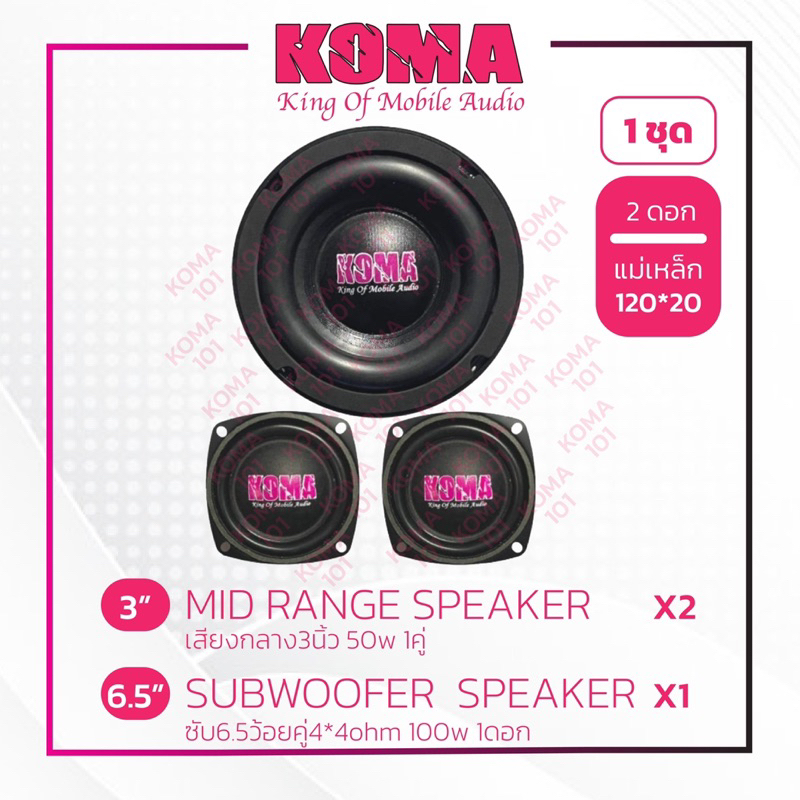 ชุดลำโพงKOMA สำหรับทำตู้บลูธูทDIY ซับ6.5ว้อยคู่4*4ohm100w1ดอก เสียงกลาง3นิ้ว50w1คู่
