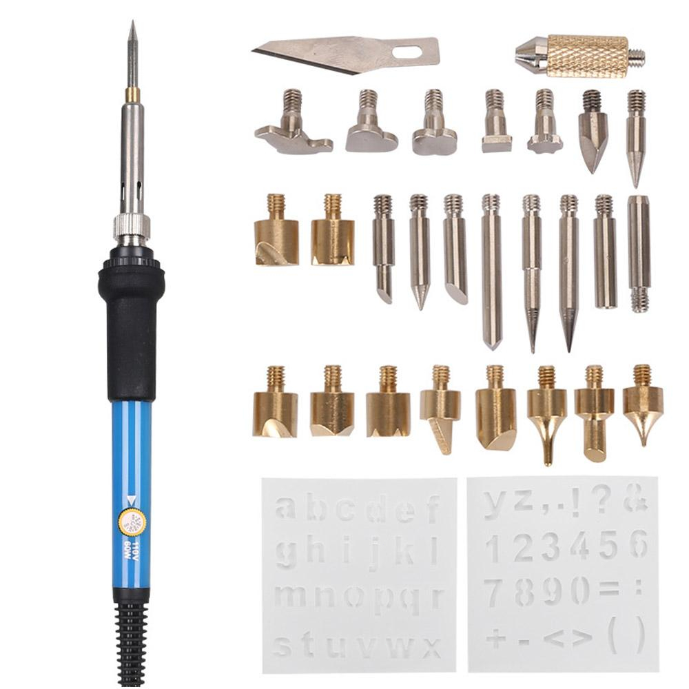 28PCS 60 วัตต์ไฟฟ้าปรับอุณหภูมิเชื่อมประสานเหล็กชุดแกะสลัก Pyrography เครื่องมือไม้ลายนูนการเผาไหม้บัดกรีปากกาชุด UK มาต