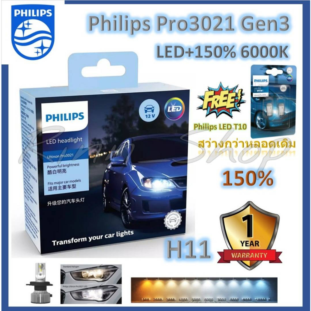 Philips หลอดไฟหน้ารถยนต์ Ultinon Pro3021 LED+150% 6000K H11 (12/24V) แท้ 100% 2 หลอด/กล่อง ฟรี Philips LED T10