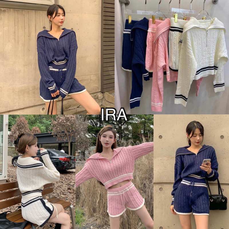 BY IRA (2306/5142) Complete Look Set เสื้อถักคอปก และกางเกงขาสั้นเอวสูง สไตล์เกาหลี มินิมอลสุดๆ