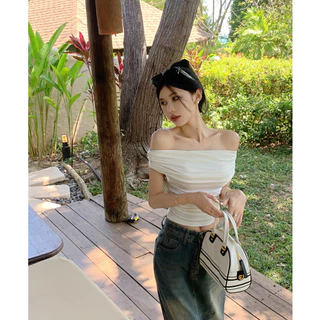 cherryshop🍒สีขาวรัดรูปแบบสั้นเสื้อเปิดหลัง เสื้อครอป y2kโชว์ สะดือเซ็กซี่สาวฮอต