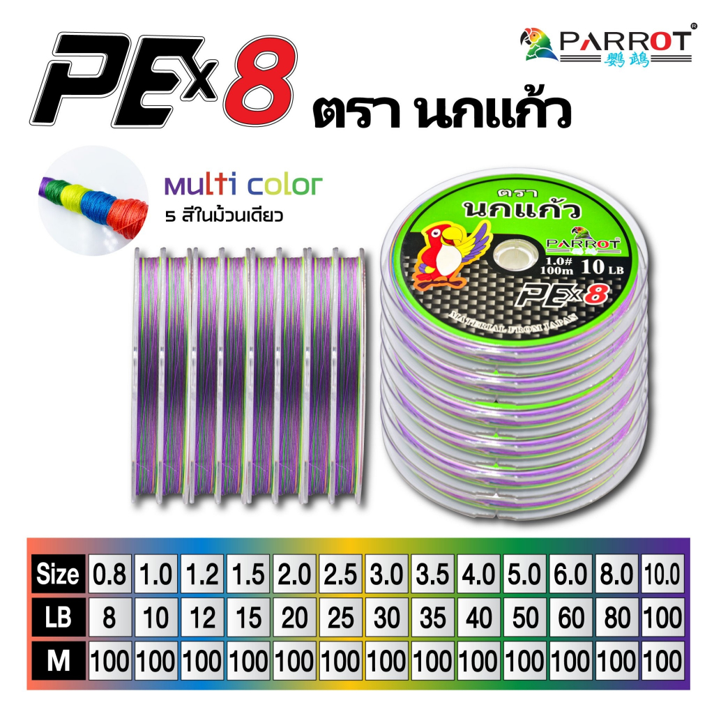 สายพีอี ถัก8 ตรานกแก้ว (100 เมตร) PARROT PEx8 (100 M)สีมัลติ
