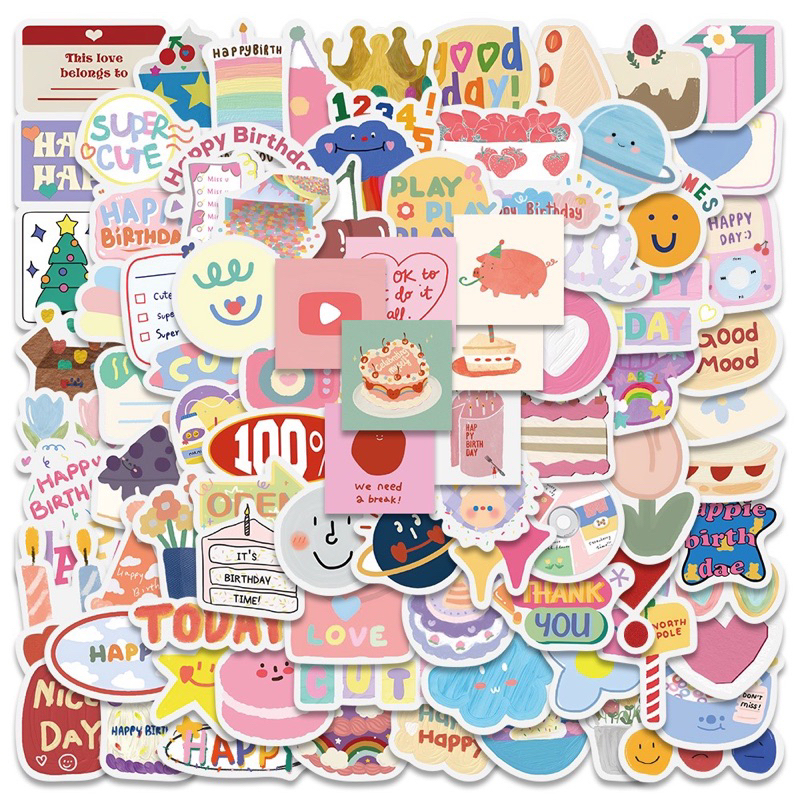 พร้อมส่ง สติ๊กเกอร์ HBD น่ารัก 90 ชิ้น สติ๊กเกอร์ไดคัท PVC กันน้ำ สติ๊กเกอร์การ์ตูน DIY ราคา ถูกที่สุด ดีลบีเคเค