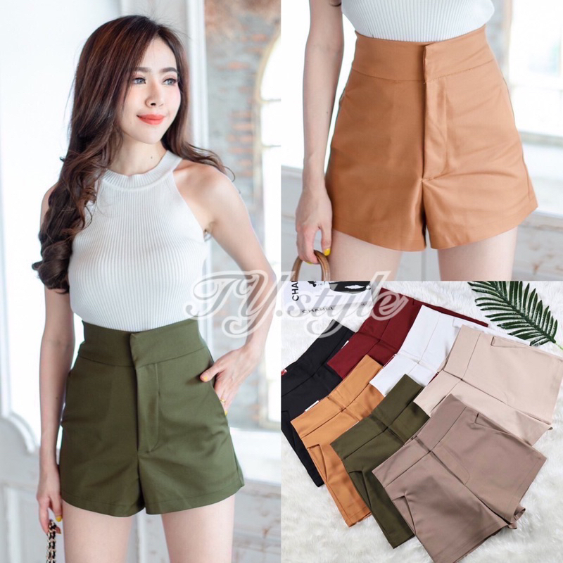 PT closets ♡ กางเกงขาสั้นเอวสูง รุ่น 2 ตะขอ กระเป๋าเฉียง #TB027