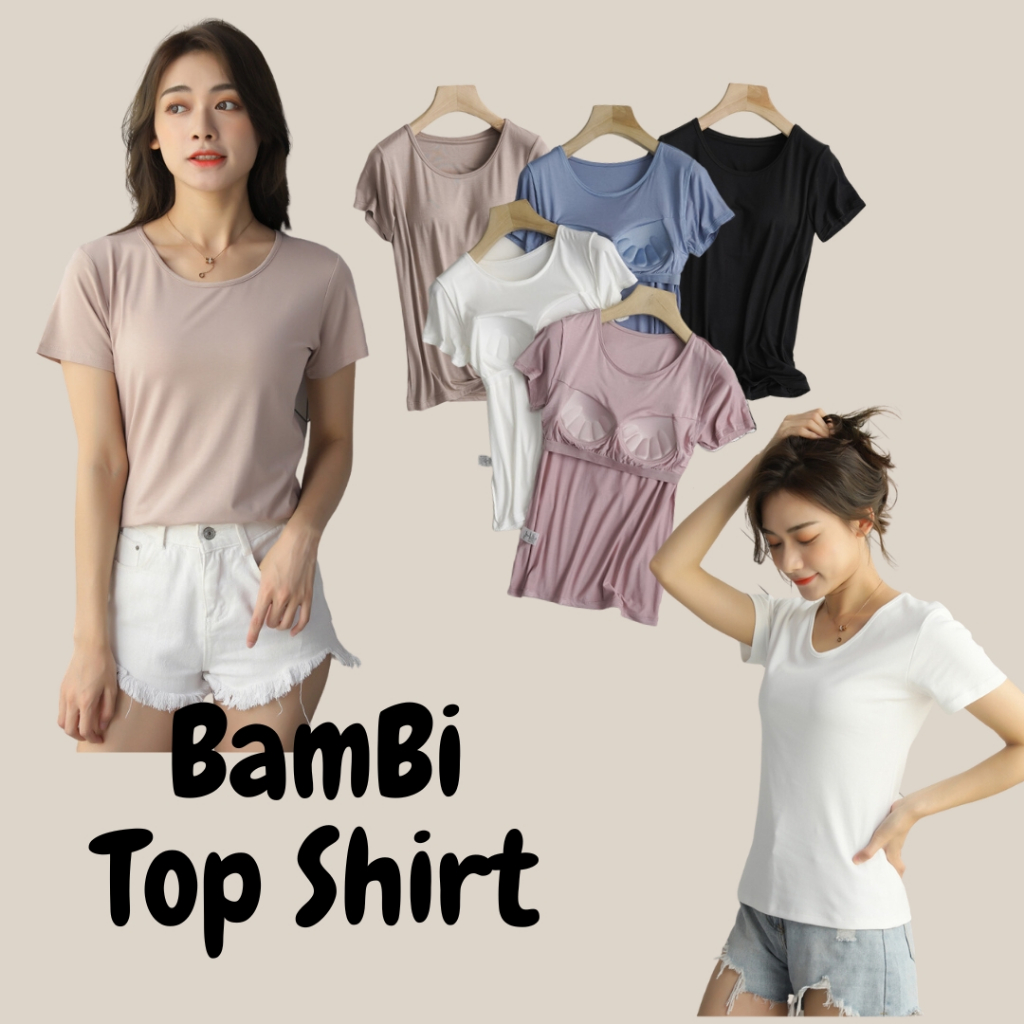 Bambi Top Shirt เสื้อยืดตัวยาว คอกลม แขนสั้น มีซัพฟองน้ำ 2in1 มีบราในตัว