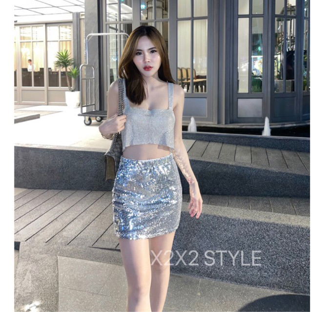 X2X2 STYLE -winkเซ็ทเพชร+กระโปรงเลื่อมปาร์ตี้ เที่ยวกลางคืน ออกงานno.S115