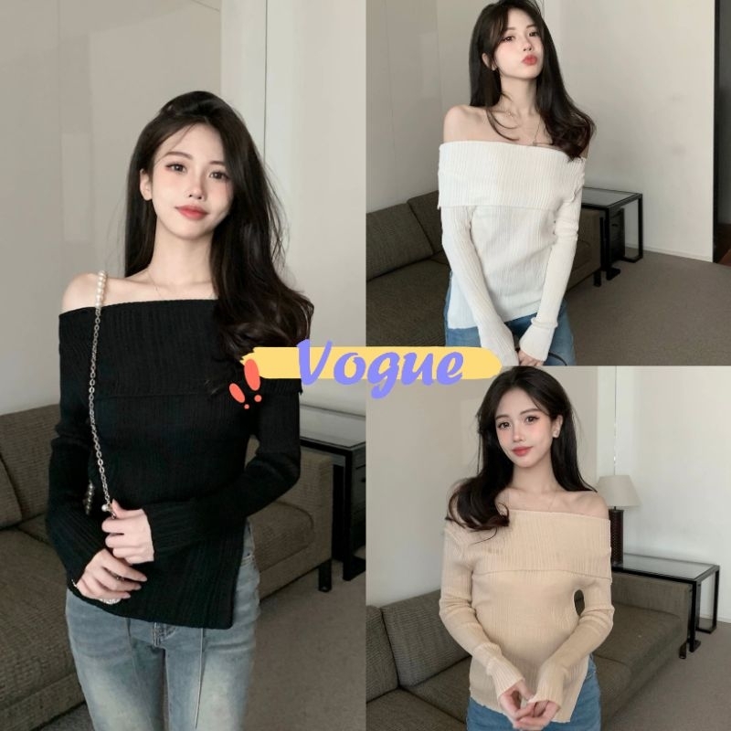 Vogue พร้อมส่ง เสื้อไหมพรมแขนยาว เปิดไหล่ ดีเทลมีสายรูดข้าง1 (98117-5) -C