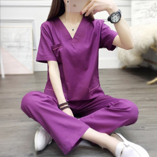 ชุดสครับ (เสื้อ+กางเกง )กรมท่า/ม่วงเปลือกมังคุด คอวี ขลิบกระ…