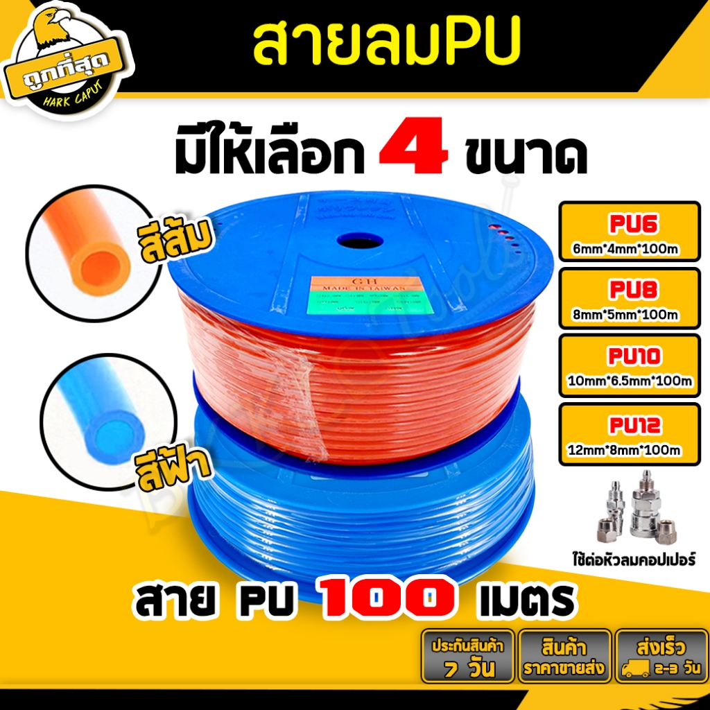 สายลม PU (ยกม้วน) มี2สี สีฟ้า/ส้ม ขนาด 6,8,10,12มม. ยาว 100เมตร PU breeze สายหนาทนแรงดันได้ดี ไม่แตก