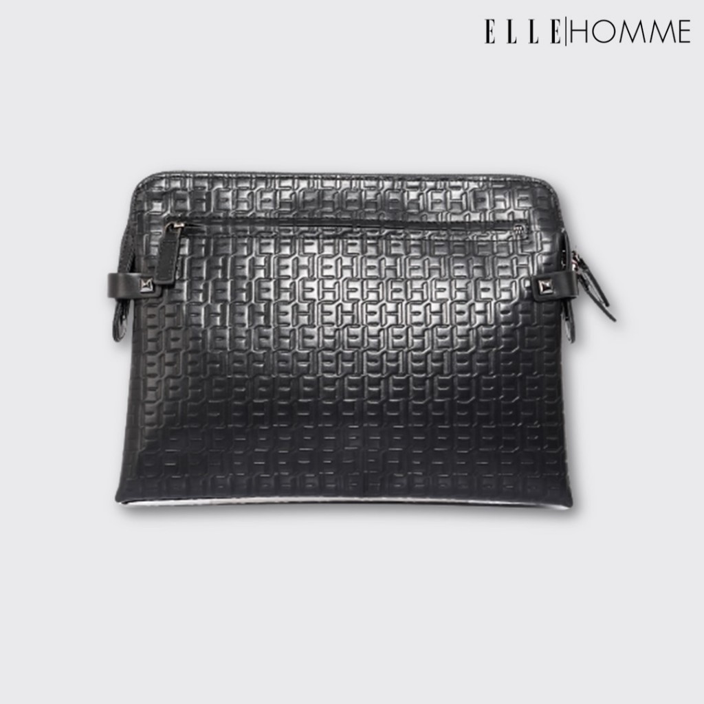 ELLE HOMME I กระเป๋าทรง Clutch สไตล์ modern อัดลายโลโก้ Elle Homme ซิปด้านบนพร้อมช่องกระเป๋าด้านใน 4 ช่อง สีดำ I W8H007