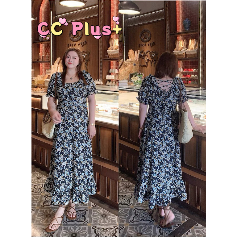 CiCi Plus+(3136)Flower dress เดรสกระโปรงยาวพลัสไซส์ ดีเทลสายผูกไขว้หลัง สวยลุคสายเกา