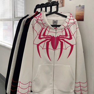 Manjusaka เสื้อกันหนาวมีฮู้ด พิมพ์ลายแมงมุม ทรงหลวม สไตล์อเม…