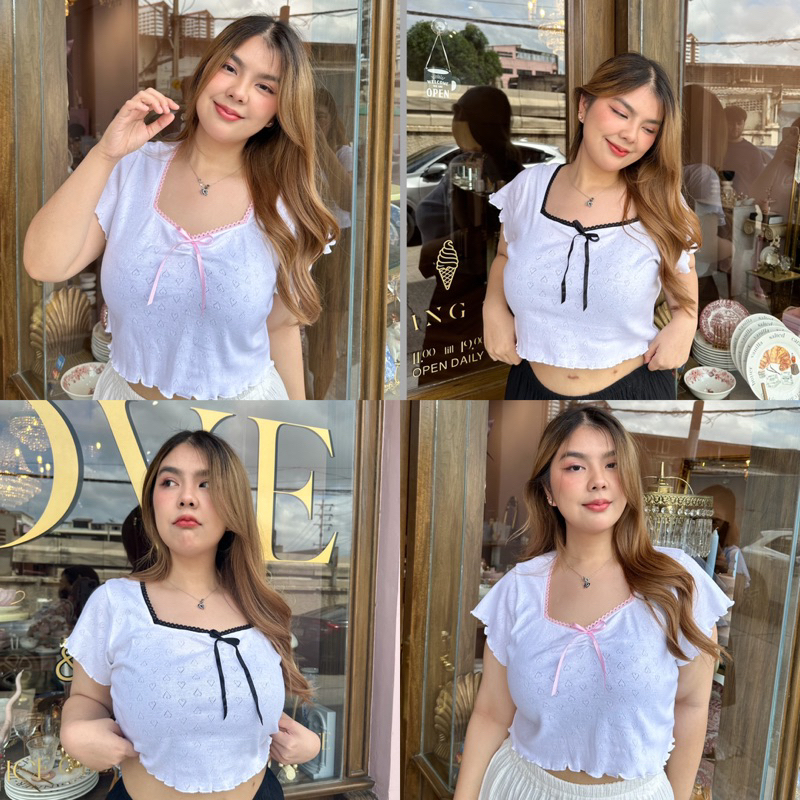 Mila Top เสื้อผูกโบว์ ผ้าฉลุหัวใจ สาวอวบ และไซส์เล็ก - clarine_bkk