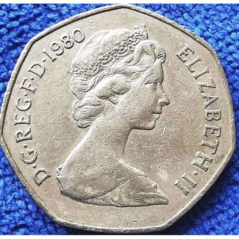 เหรียญ​สหราช​อาณาจักร​ UK, 50 Pence,(รุ่น​เก่า​ เหรียญ​ใหญ่), #​3282L, ใช้แล้ว