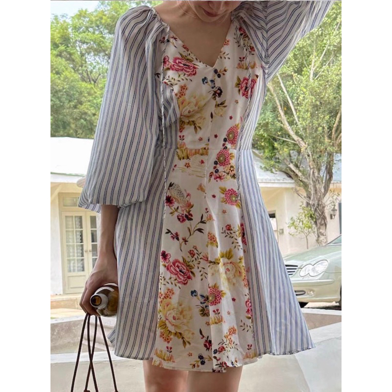 Zeza2shop ❤️ (flower)Olive Line (flower) เดรสริ่วแต่งดอกป้าย ypy