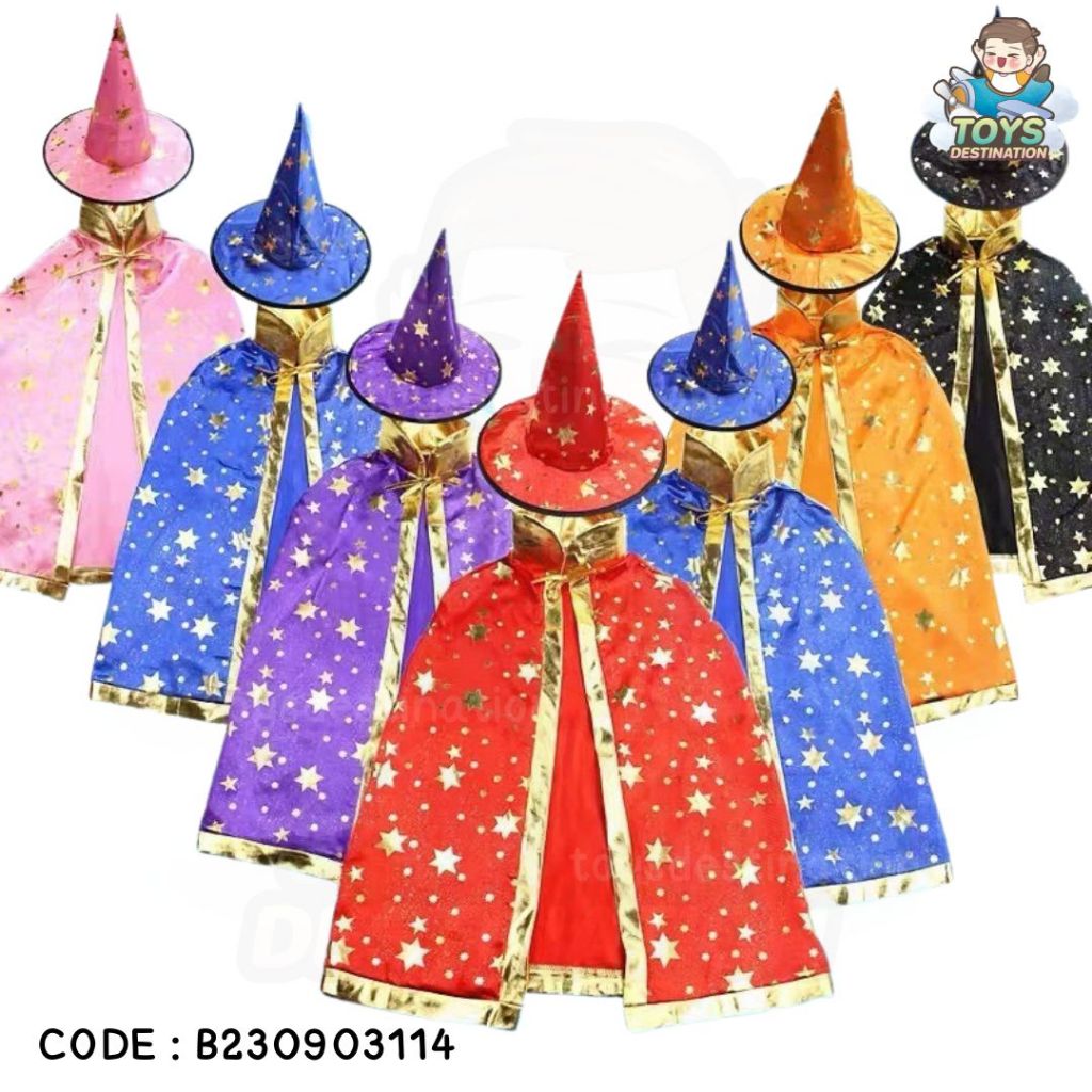 ✅พร้อมส่งในไทย✅ 👻 Halloween Party 🎃  เซตผ้าคลุม + หมวก แม่มด พ่อมด ลายดาว ชุดคอสตูม cosplay ฮาโลวีน เด็ก B230903114 - รูปที่ 3