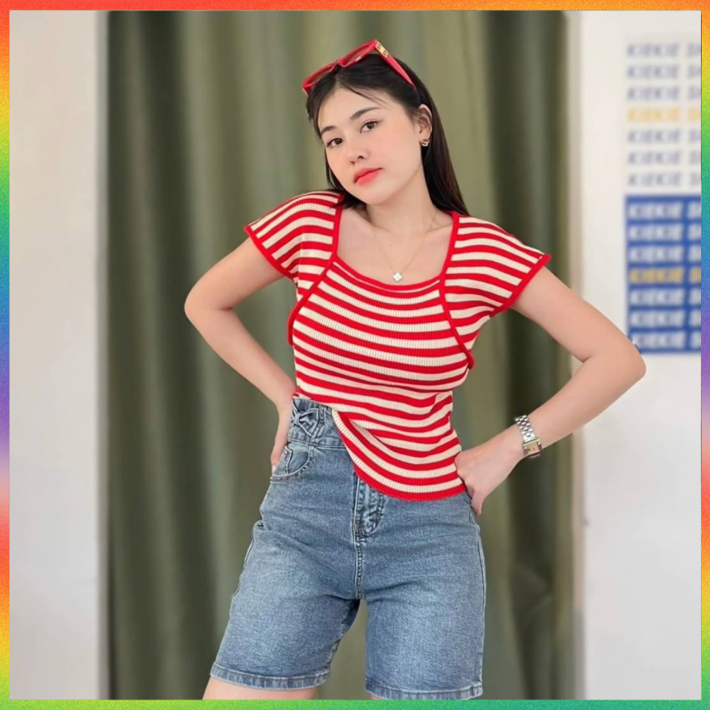 MesubShop เสื้อแขนสั้น ผ้าไหมพรม แต่งกุ้นคาดไหล่ คอเหลี่ยม ทรงพรางหุ่นสุด สาวอวบใส่ได้ รุ่น ห้วยขวาง