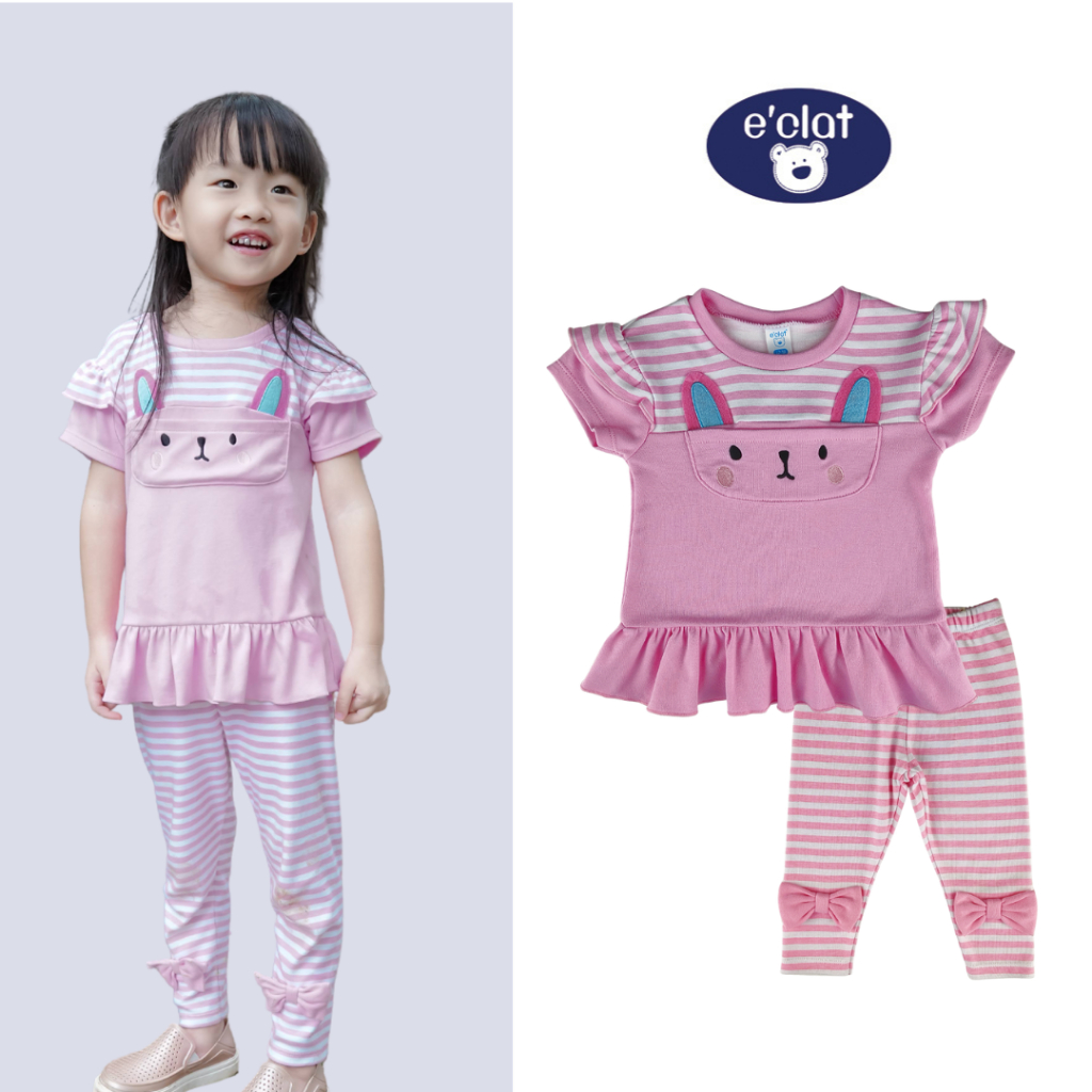 E'clat เสื้อ หรือกางเกงเลกกิ้ง (ขายแยกชิ้น ) เนื้อผ้าอินเตอร์ลอค สีพื้นผสมพิมพ์ลายริ้วขาว ชมพู เนื้อนุ่ม ใส่สบาย6887-88