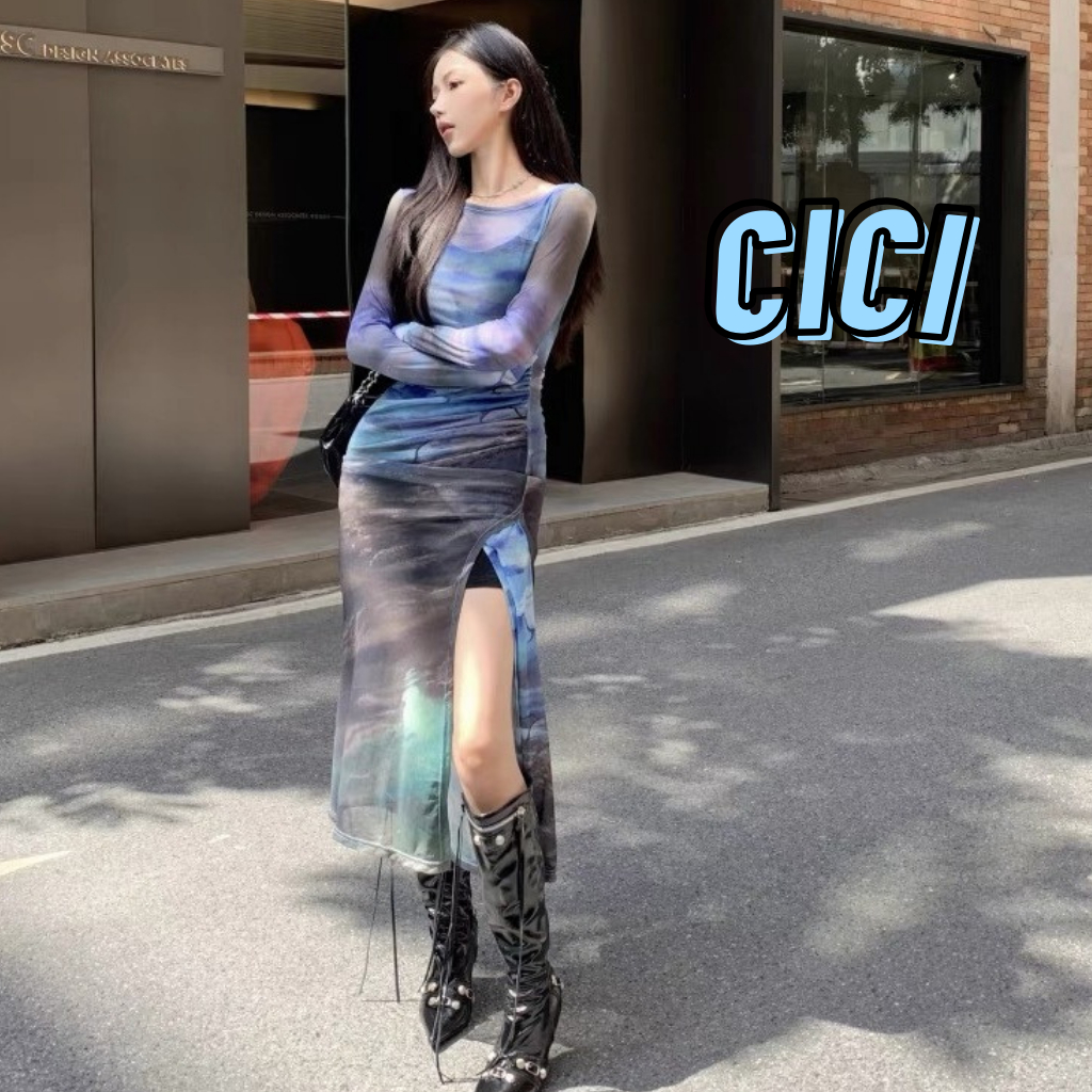 Cici(NO.J801)SET 2 ชิ้น สายเดี่ยวตัวยาว+เสื้อคลุมซีทรูแขนยาวผ่าข้าง เหมาะกับสายแฟชั่นสุด