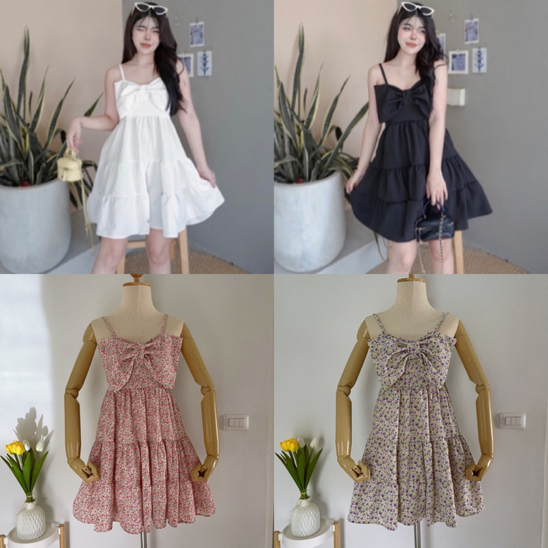 มินิเดรสขนมชั้นโบว์หน้าลายดอก/สีพื้น