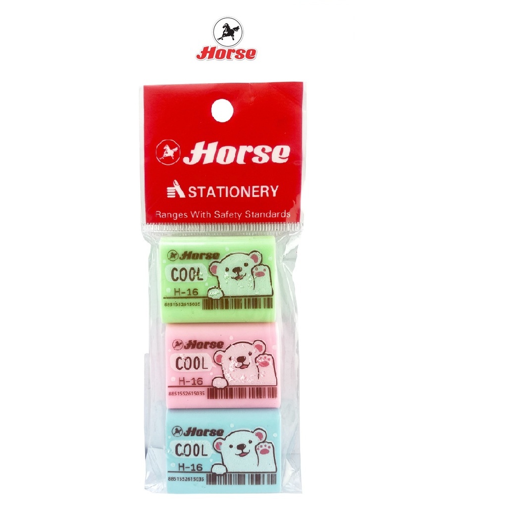 HORSE ตราม้า ยางลบดินสอลายการ์ตูน รูปหมี H-16 Hi-Polymer Eraser บรรจุ 3 ก้อน/แพ็ค จำนวน 1 แพ็ค