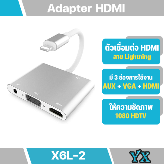 HDMI X6L-2 for i to HDMI/HDTV/VGA/Audio cable Adapter For iPhone 6S 7 7 Plus 8 X XS Ipad Air (มีสินค้าพร้อมส่ง