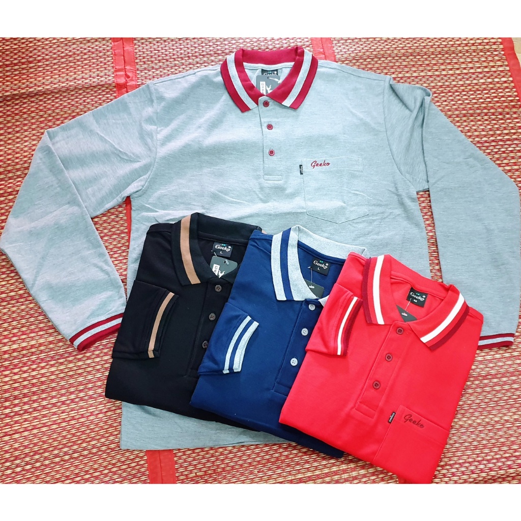 เสื้อโปโลGeekoแขนยาวผู้ชาย  เนื้อผ้า TC เป็นผ้าฝ้ายผสมโพลี  เนื้อผ้านิ่ม เส้นใยเล็กละเอียดซับเหงื่อดีเยี่ยม