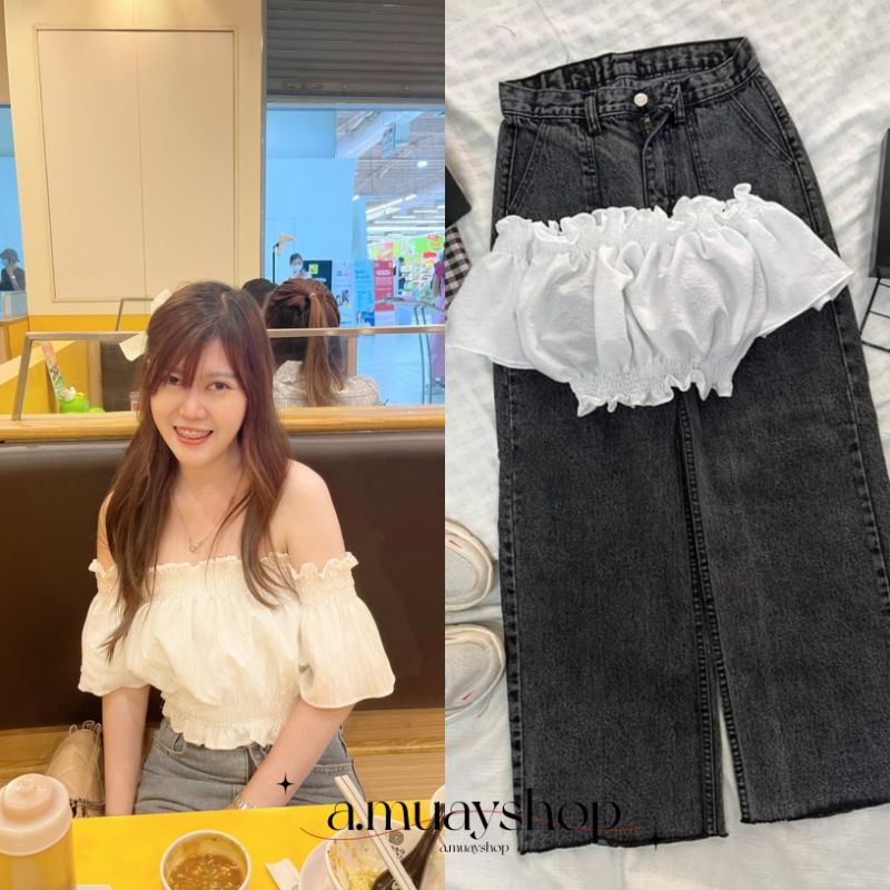 พร้อมส่ง ชุดเซต2ชิ้น เสื้อปาดไหล่+กางเกงยีนส์ ทรงสวย น่ารักมากก ตรงปกแน่นอน ครอปปาดไหล่ กางเกงยีนส์วินเทจ