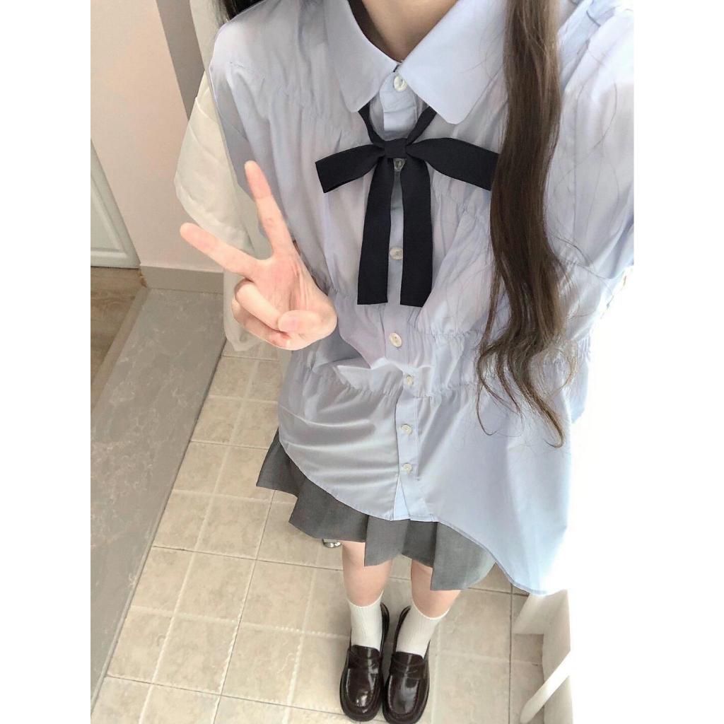 maoziicute[พร้อมส่ง]เสื้อคอปกแขนสั้นสีฟ้า(ไม่มีโบว์) (A32)