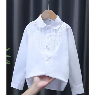 M0171 เสื้อเชิ้ตเด็กผู้หญิง แขนยาวสีขาว เสื้อเชิ้ตคอบัว แต่งลูกไม้ เย็บตีเกล็ด สวยสไตล์ลุคคุณหนู