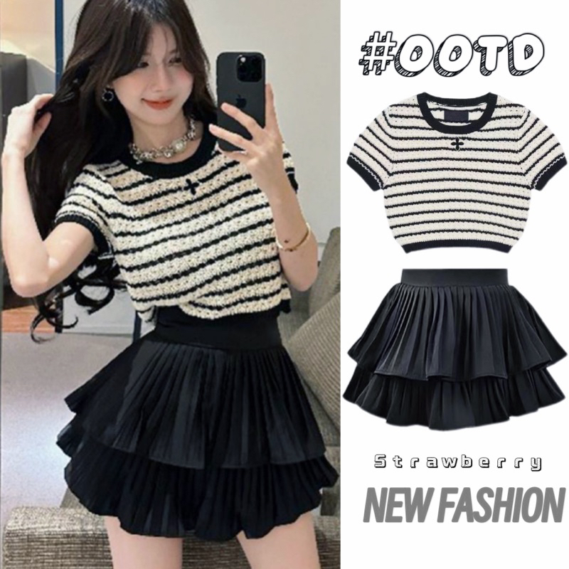 ♟พร้อมส่ง♟ชุดเซ็ทสไตล์สาวเกาหลี ชุด2ชิ้น เสื้อแขนสั้นไหมพรม+ กระโปรงสั้น พลีทสั้น คุณหนู ดูแพง ชุดไปทะเล สำหรับผู้หญิง