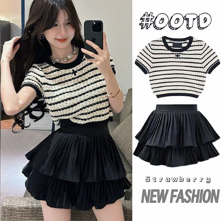 ♟พร้อมส่ง♟ชุดเซ็ทสไตล์สาวเกาหลี ชุด2ชิ้น เสื้อแขนสั้นไหมพรม+…