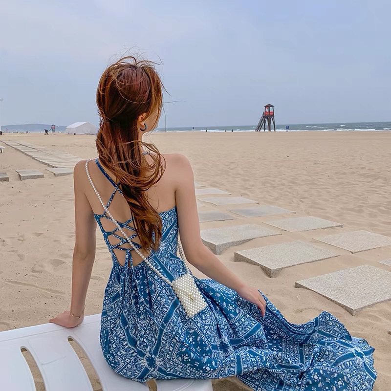 Mookrinstyle เดรสไปทะเล สายไขว้หลัง ผ้าพิมพ์ลายงานสวยมาก