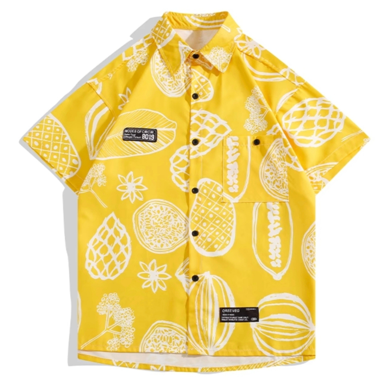 เสื้อเชิ้ตผู้ชาย เสื้อฮาวาย สีเหลืองลายผลไม้ ดอกไม้ สไตล์วัยรุ่นยุโรปและอเมริกา