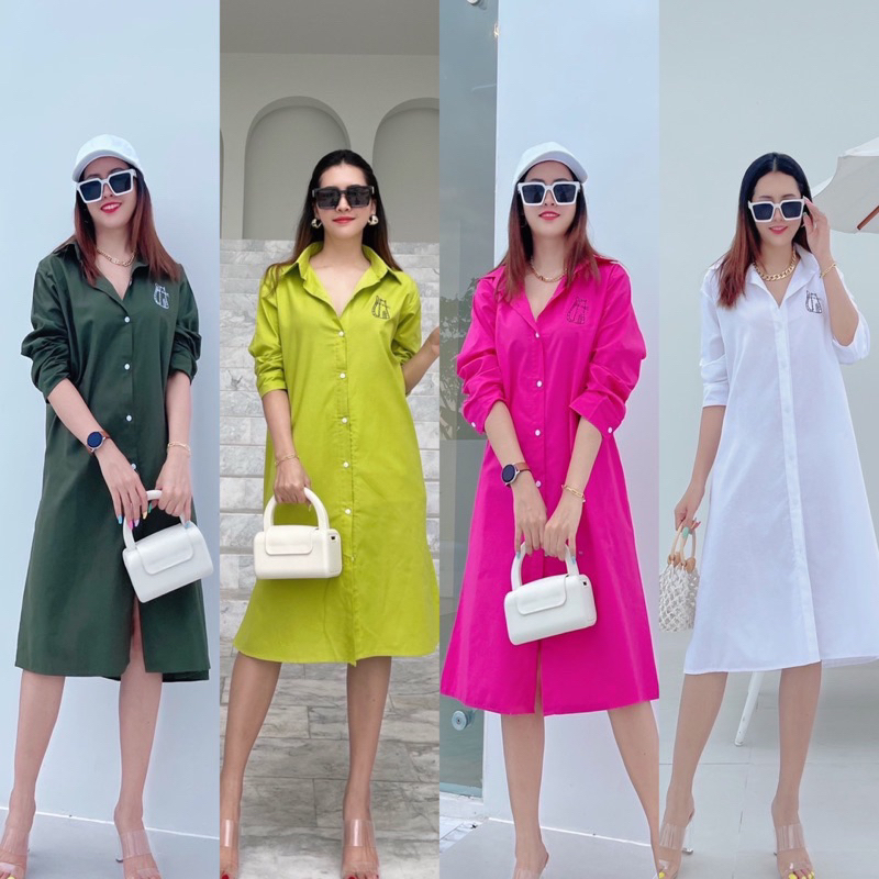 เดรสเชิ้ตสีพื้นทรงเรียบง่าย คลาสสิค ใส่สวยเก๋ ใส่ง่าย ปักแมว