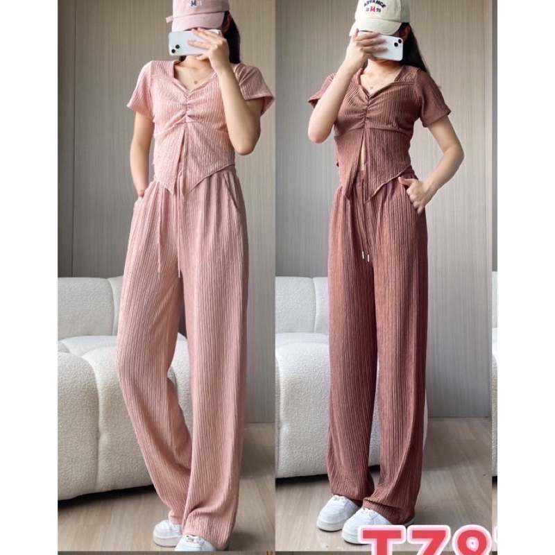 ชุดเซ็ต ผ้าเปลือกไม้ เสื้อผ่าหน้าจั้มอก + กางเกงขายาว