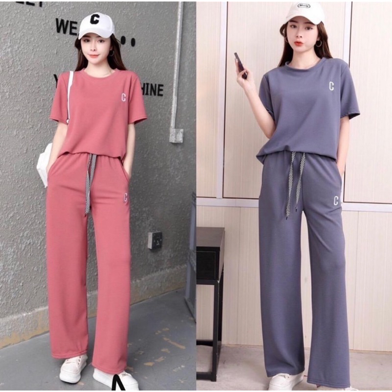 ชุดเซ็ท ผ้าวาฟเฟิลขายาว มีกระเป๋า2ข้าง สีพื้น