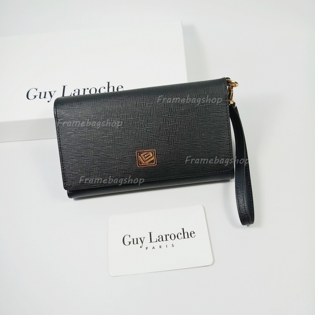 Guy Laroche กระเป๋าสตางค์ผู้หญิงใบกลาง สามพับ สีดำ หนังลาย อะไหล่ทอง หนังแท้100%
