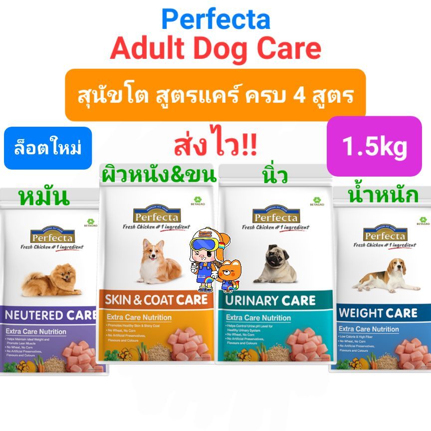 Perfecta Adult Dog Care 1.5kg Urinary Skin Neutered Weight เพอร์เฟคต้า แคร์ อาหารสุนัขโต สูตรพิเศษ 4 สูตร ถุง 1.5 กก.