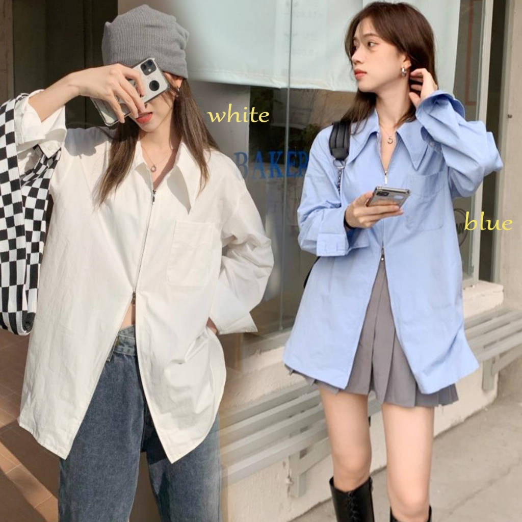 KOKO W263 พร้อมส่ง เสื้อเชิ้ตสีน้ําเงิน เสื้อแฟชั่นผู้หญิง แขนยาว มีซิป น่ารัก คอปก โอเวอร์ไซซ์ สไตล์เกาหลี หลวม มินิมอ