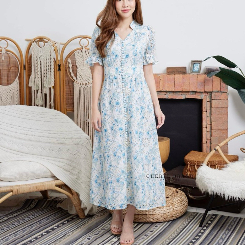 Cheryl Brand Alyssa Lace Dress in Cloudy Floral ชุดเดรสลูกไม้ยาว Maxi ใหม่ล่าสุดสวยสง่า ใส่ออกงานได้