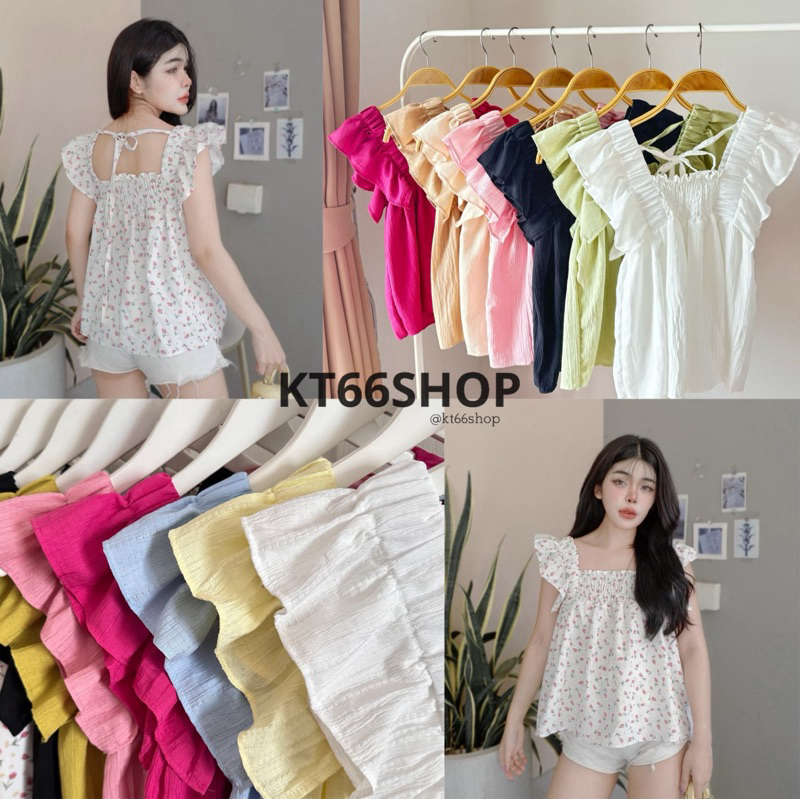 🔅KT66SHOP🔆 เสื้อแต่งแขนระบาย คอเหลี่ยม ผูกโบว์ด้านหลัง