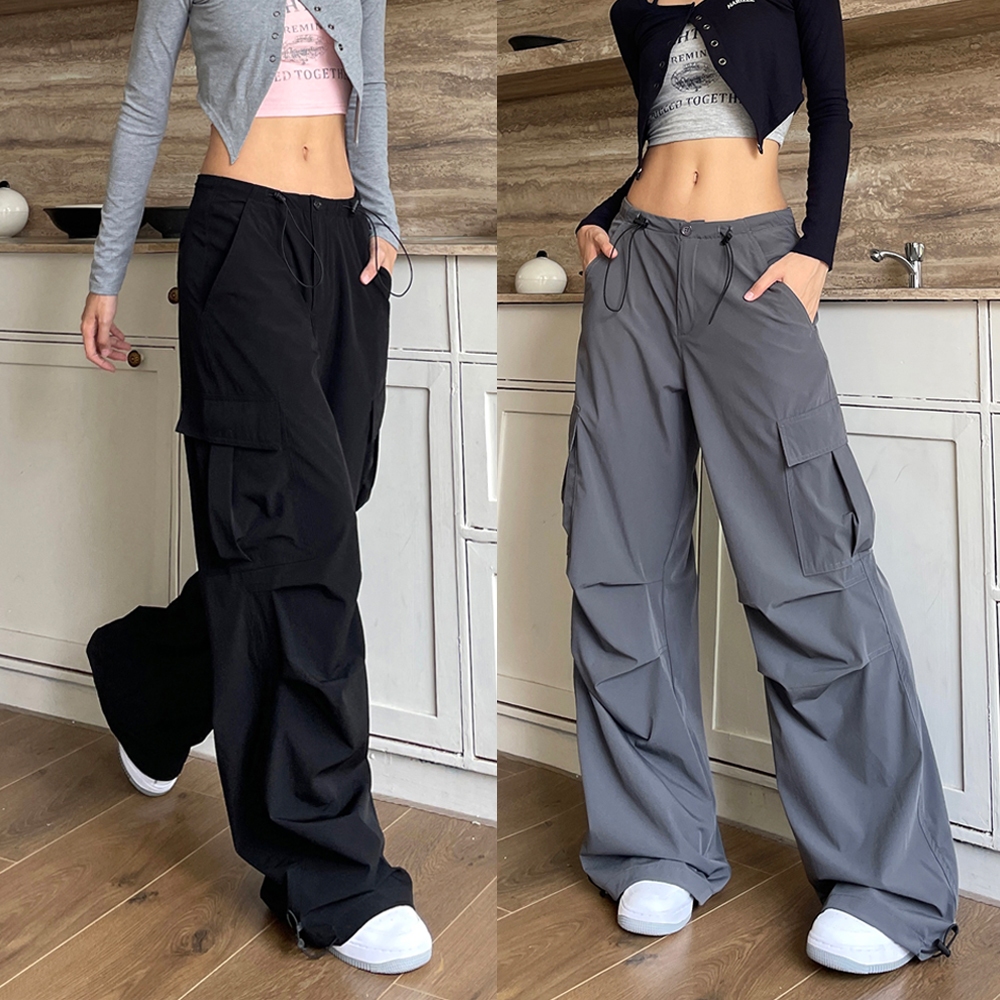 Beryl💗กางเกงคาร์โก้🍀เอวยางยืดทรงหลวมสไตล์เกาหลีสีดำกางเกงเอวสูงสไตล์อินเทรนด์