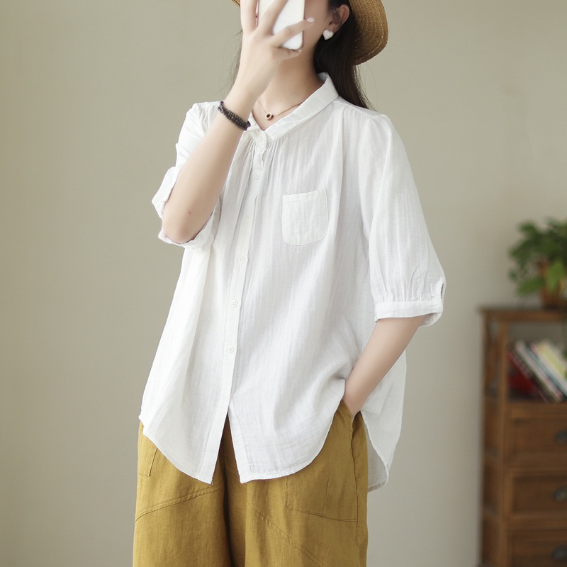 [ปกแคบ-สั้น 5สี] 44-46“ เสื้อเชิ้ตแขนสั้น ผู้หญิง สีพื้น ปกแคบ ผ้าสาลู เสื้อลำลองสไตล์ญี่ปุ่น Herbie Style