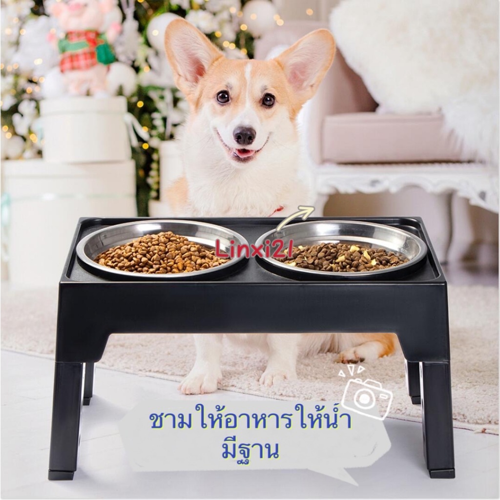 ชามให้อาหาร กันลื่น ปรับความสูงได้  สําหรับสัตว์เลี้ยง สุนัข แมว TH01black