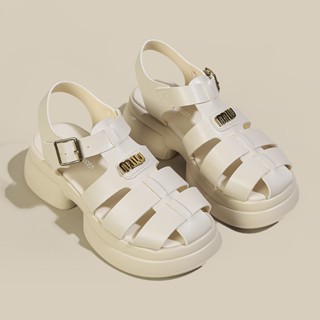 รองเท้าแตะหนังผู้หญิง สไตล์ย้อนยุคโรมัน ทอแบบกลวงออก พื้นรอง…