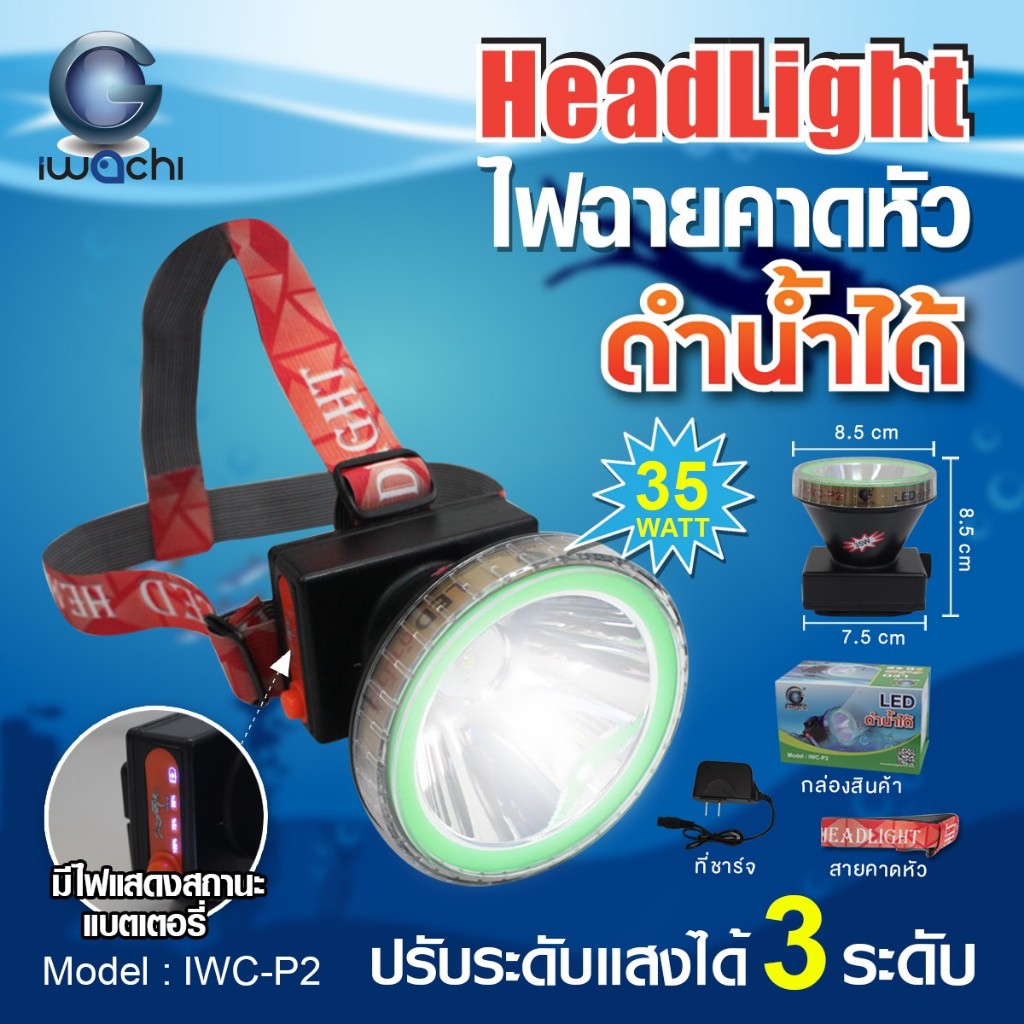 IWACHI หน้าไฟฉายคาดหัว (รุ่นดำน้ำได้) แบบปุ่มหมุน หรี่ไฟได้ มีแสงขาวและวอร์มไวท์ [ IWC-P2,P3,P4]