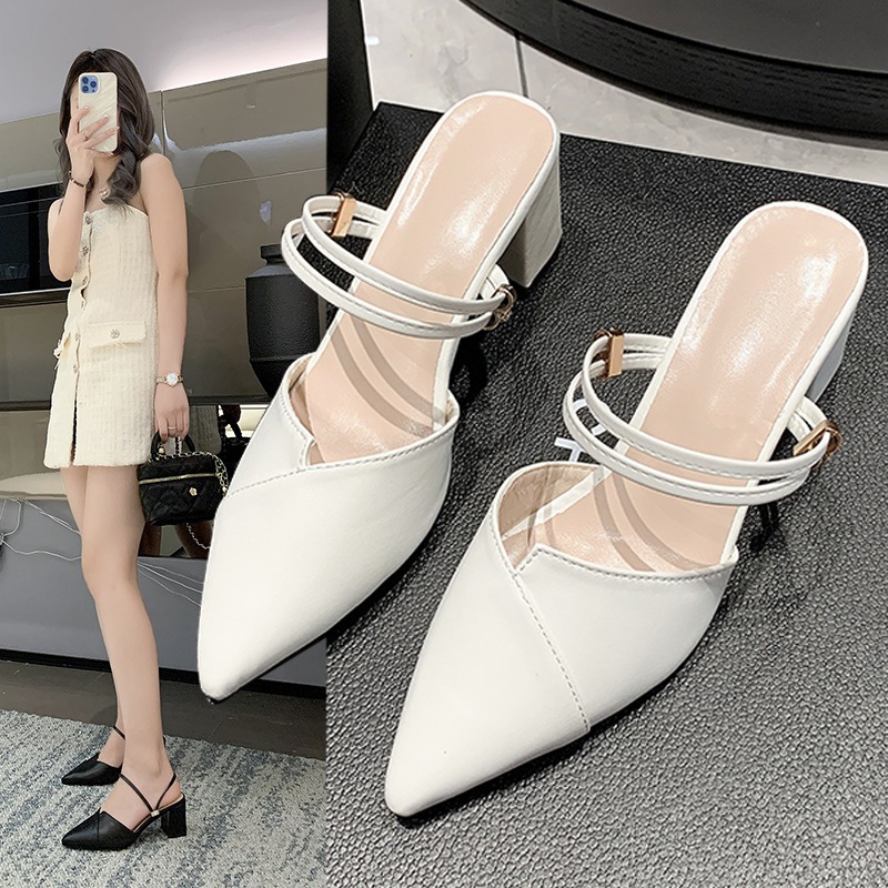 ✨พร้อมส่ง✨รองเท้าแตะหนังส้นกลาง ส้นหนา รองเท้าส้นสูงแฟชั่นเกาหลี ไซส์ 35-42