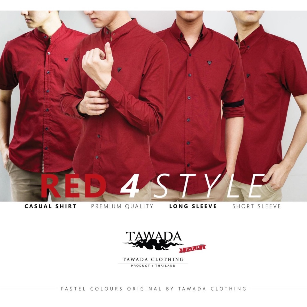เสื้อเชิ้ตแฟชั่นสีแดงทรง Slimfit ผ้า Oxford Cotton100% แบรนด์ TAWADA รุ่น T011-RED