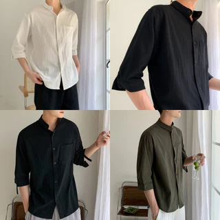 เสื้อเชิ้ตผู้ชายแขนสั้น เสื้อคอจีน ผ้าฝ้าย และผ้าลินิน ใส่สบาย เหมาะกับเดินชายหาด พร้อมส่ง